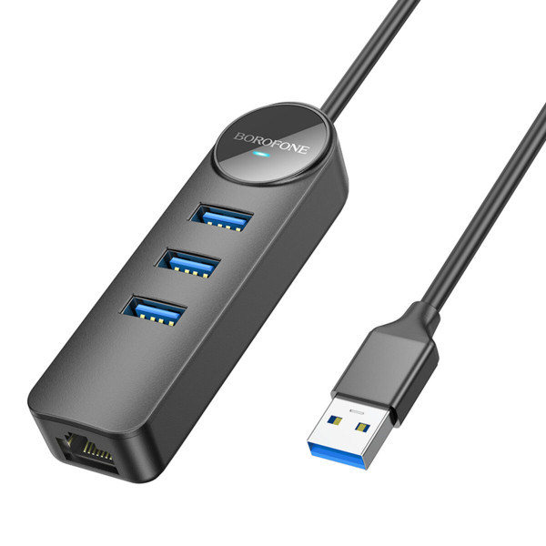 Адаптер Borofone DH6 Erudite 4-in-1 Gigabit Ethernet Adapter(USB to USB3.0*3+RJ45)(L=0.2M) Чорний