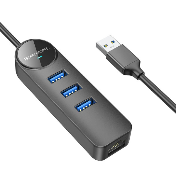 Адаптер Borofone DH6 Erudite 4-in-1 Gigabit Ethernet Adapter(USB to USB3.0*3+RJ45)(L=0.2M) Чорний