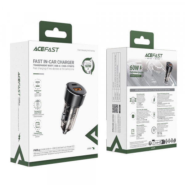 Автомобільний зарядний пристрій ACEFAST B12 60W (USB-A+USB-C) dual-port car charger Black (6974316282914)