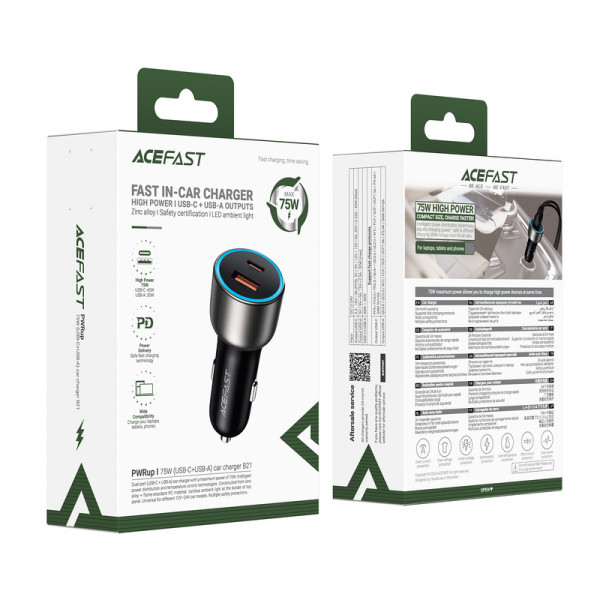 Автомобільний зарядний пристрій ACEFAST B21 75W(USB-C+USB-A)car charger Metal Gray (6974316286684)