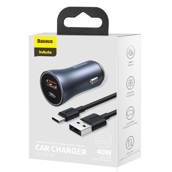 Автомобільний зарядний пристрій Baseus Golden Contactor Pro Dual Quick Charger Car Charger U+C 40W（With Baseus Simple wiring USB For Type-C 5A 1.0m）Da