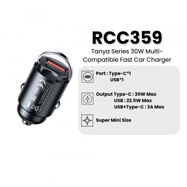 Автомобільний зарядний пристрій REMAX Tanya Series PD+QC 30W1A+1C Multi-compatible Fast Charger RCC359 Black (6972174151601)