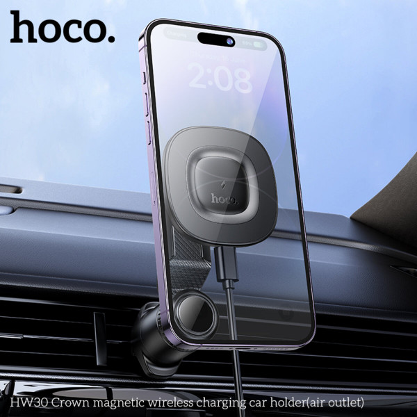 Автотримач для телефона HOCO HW30 Crown magnetic wireless charging car holder (air outlet) Black Metal Gray
