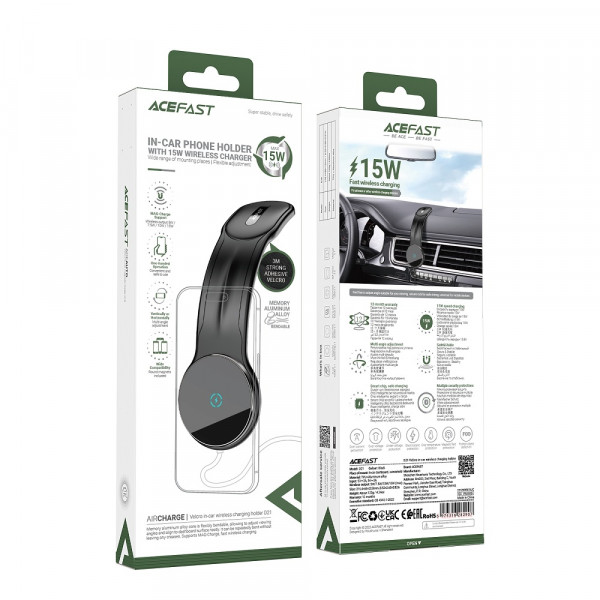 Автотримач для телефона з БЗП ACEFAST D21 Velcro in-car wireless charging holder Black (6974316282907)