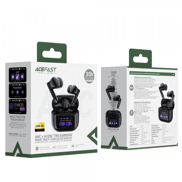 Бездротові навушники TWS ACEFAST W6 smart screen,ENC, IPX4, Black (6974316285687)