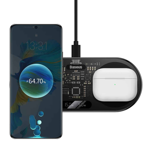 Бездротовий зарядний пристрій Baseus Digital LED Display 2in1 Wireless Charger 20W Чорний Universal version