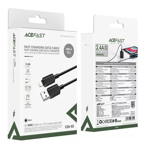 Кабель ACEFAST C26-02 USB-A to L PVC charging data cable Black (6974316287094)