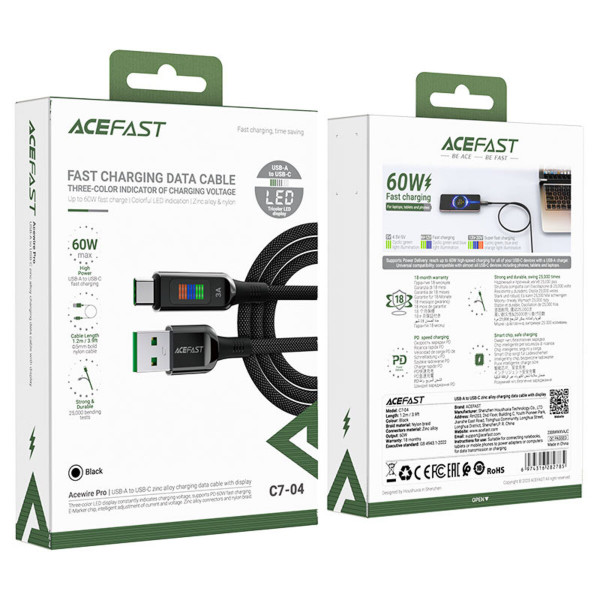 Кабель ACEFAST C7-04 USB to Type-C 3A, 1.2m, nylon, zinc connectors, LED, Чорний