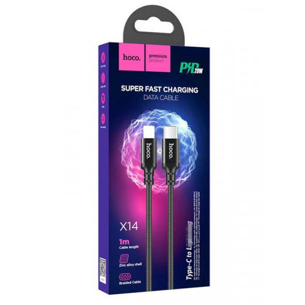 Кабель HOCO X14 Type-C to iP 3A, 20W, 1m, nylon, aluminum connectors, Black (6931474752192)