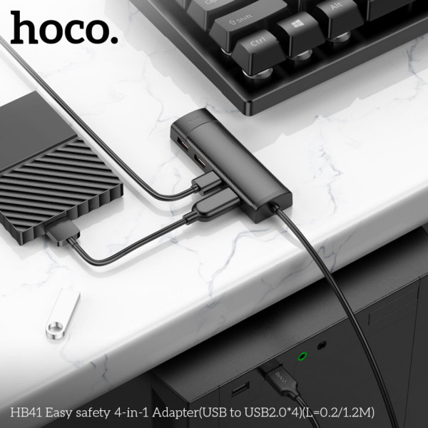 Кабель-перехiдник HOCO HB41 Easy safety 4-in-1 Adapter(USB to USB2.0*4)(L=1.2M) Black