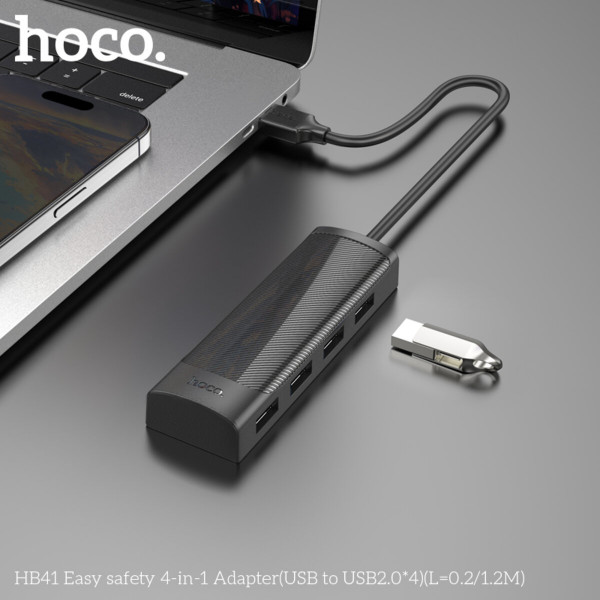 Кабель-перехiдник HOCO HB41 Easy safety 4-in-1 Adapter(USB to USB2.0*4)(L=1.2M) Black