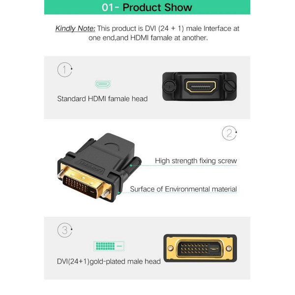 Кабель UGREEN 20124 DVI 24+1 Male to HDMI Female Adapter (Чорний) (UGR-20124)