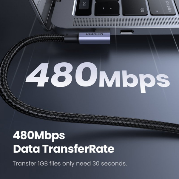 Кабель UGREEN US334 USB-C 2.0 to Angled USB-C M/M Cable Aluminium Shell with Braided 1m (Black)(UGR-70643) (UGR-70643)