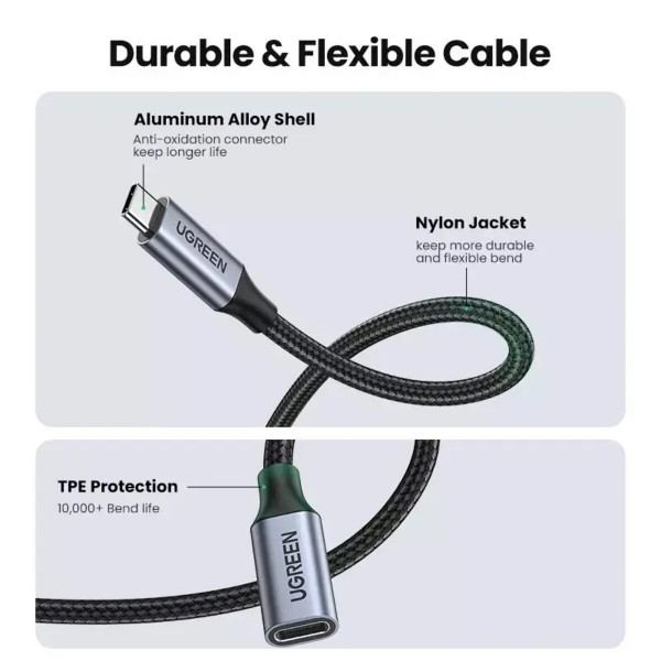 Кабель UGREEN US372 USB-C Male to USB-C Female Gen2 Alu Case Braided Extension Cable 1m (Space Gray)(UGR-30205)