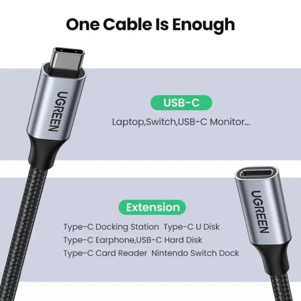 Кабель UGREEN US372 USB-C Male to USB-C Female Gen2 Alu Case Braided Extension Cable 1m (Space Gray)(UGR-30205)