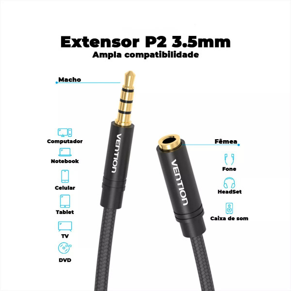 Кабель Vention Cotton Braided 3.5mm Audio Extension Cable 1.5M Чорний Metal Type