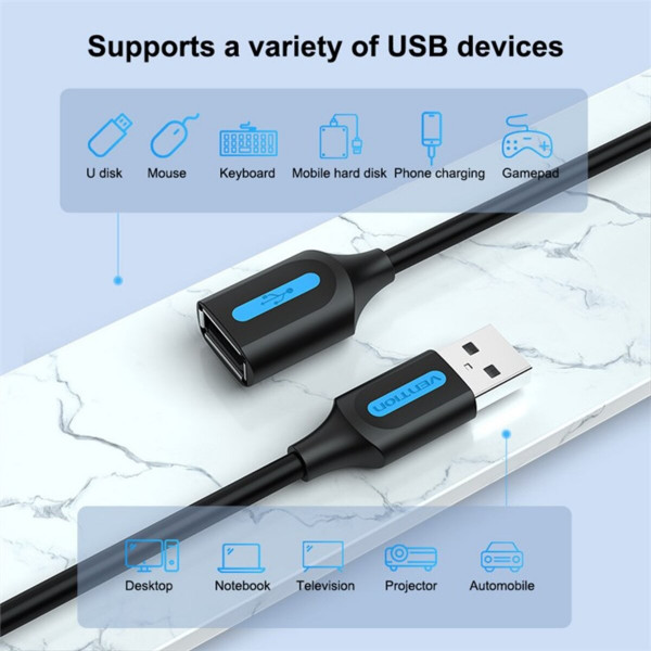 Кабель Vention USB 2.0 A Male to A Female Extension Cable 1M чорний PVC Type (CBIBF)