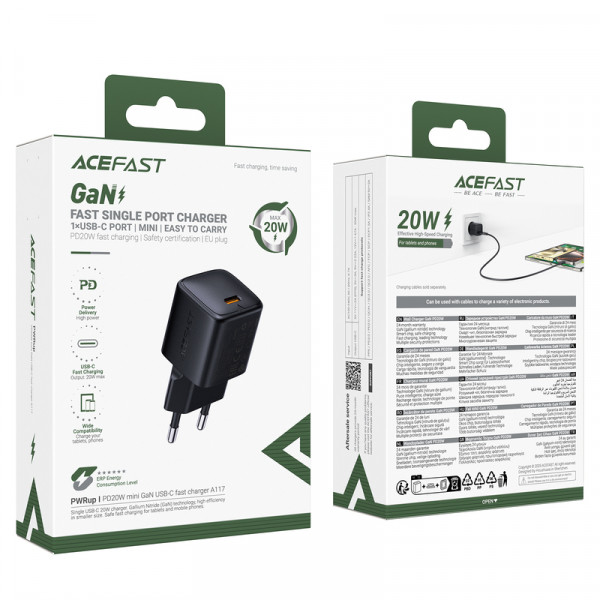 Мережевий зарядний пристрій ACEFAST A117 PD20W mini GaN USB-C fast charger Black (6974316284987)
