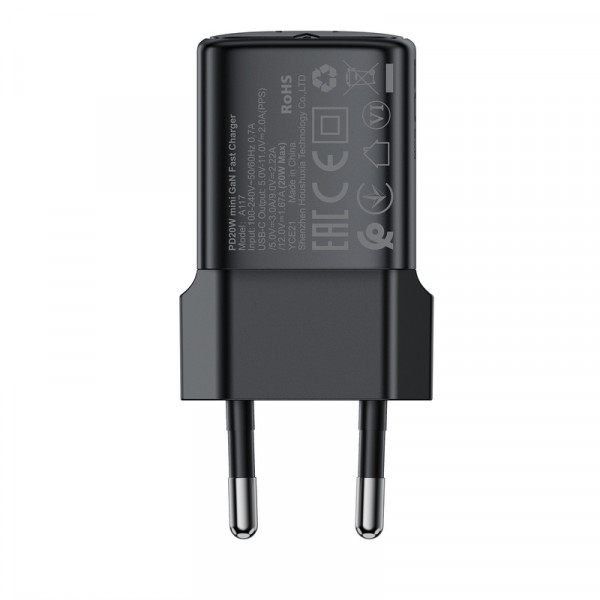 Мережевий зарядний пристрій ACEFAST A117 PD20W mini GaN USB-C fast charger Black (6974316284987)