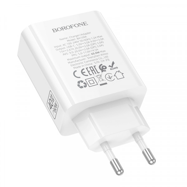 Мережевий зарядний пристрій BOROFONE BA109A Star single port PD40W charger (EU) White (6941991126888)