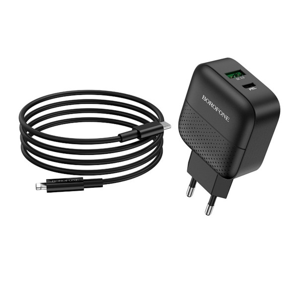 Мережевий зарядний пристрій BOROFONE BA46A Premium PD + QC3.0 (Type-C to Lightning) 18W Black