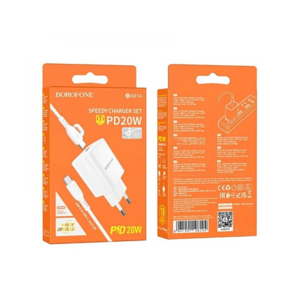 Мережевий зарядний пристрій BOROFONE BA81A single port PD20W charger set (Type-C to Type-C) (EU) White
