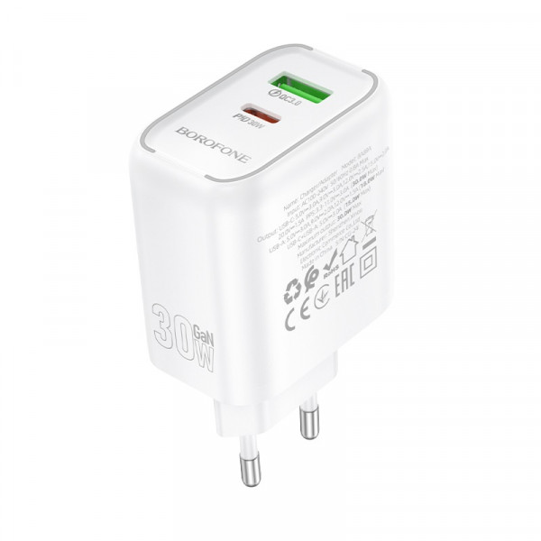 Мережевий зарядний пристрій BOROFONE BA89A Destello PD30W+QC3.0 charger (EU) White