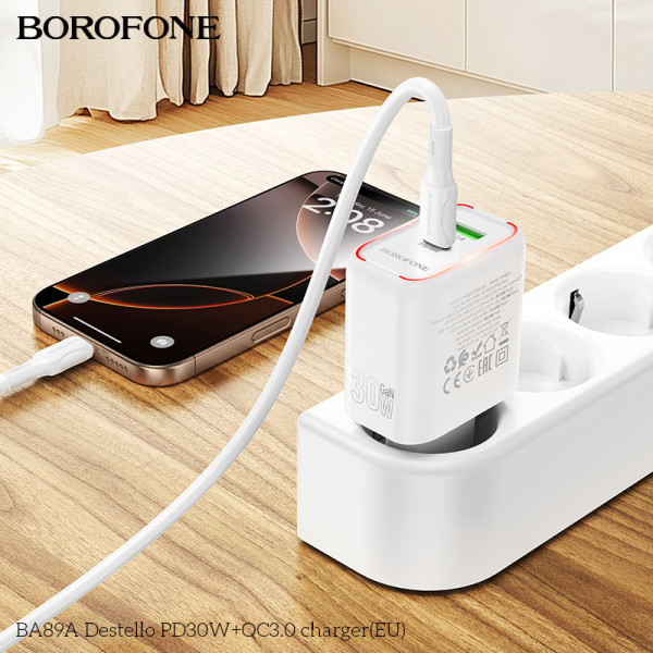 Мережевий зарядний пристрій BOROFONE BA89A Destello PD30W+QC3.0 charger (EU) White