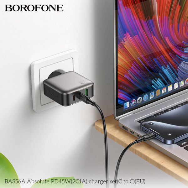 Мережевий зарядний пристрій BOROFONE BAS56A Absolute PD45W (2C1A) charger set (C to C) (EU) Black