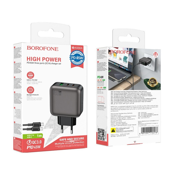 Мережевий зарядний пристрій BOROFONE BAS56A Absolute PD45W (2C1A) charger set (C to C) (EU) Black