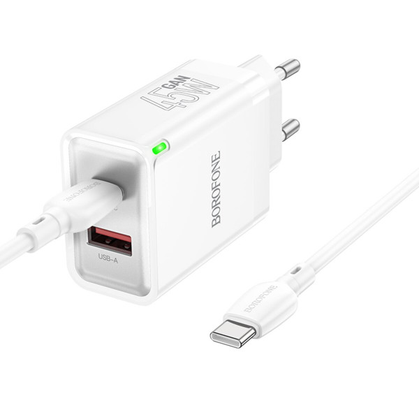 Мережевий зарядний пристрій BOROFONE BN16 Tough PD45W dual port(1C1A) charger set(Type-C to Type-C)(EU) Білий