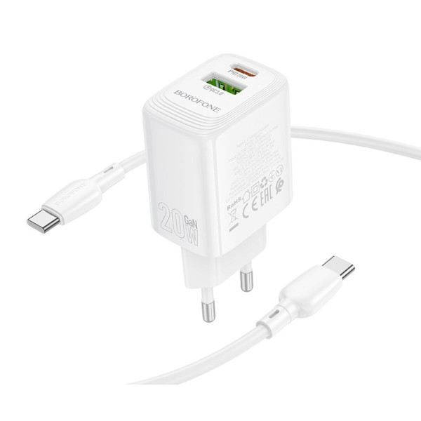 Мережевий зарядний пристрій BOROFONE BN27 Fuente PD20W+QC3.0 charger set (C to C) (EU) White