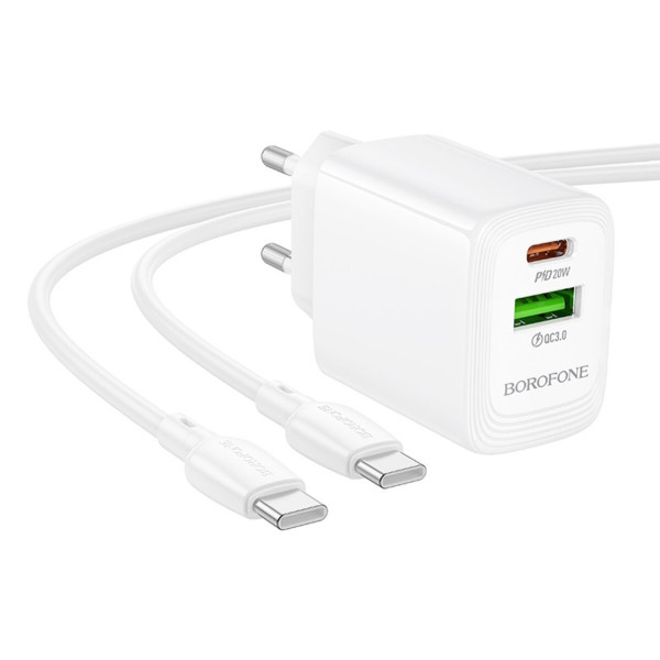 Мережевий зарядний пристрій BOROFONE BN27 Fuente PD20W+QC3.0 charger set (C to C) (EU) White
