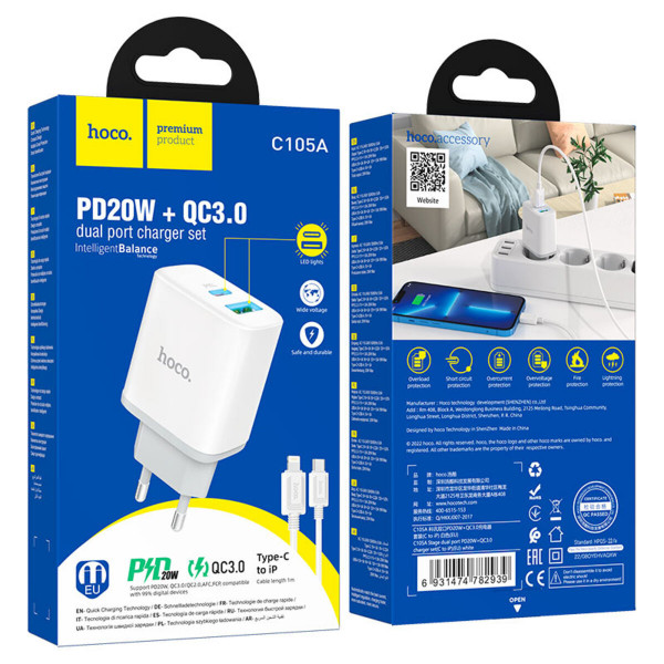 Мережевий зарядний пристрій HOCO C105A Stage dual port PD20W+QC3.0 charger set (C to iP)(EU) Білий