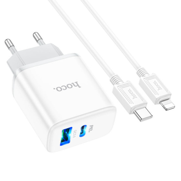 Мережевий зарядний пристрій HOCO C105A Stage dual port PD20W+QC3.0 charger set (C to iP)(EU) Білий