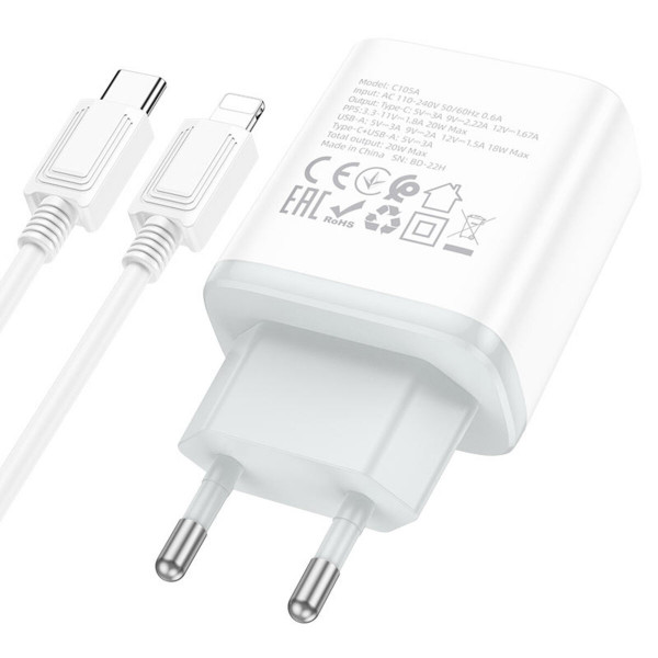 Мережевий зарядний пристрій HOCO C105A Stage dual port PD20W+QC3.0 charger set (C to iP)(EU) Білий