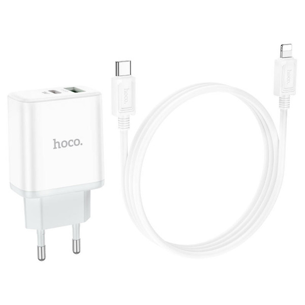 Мережевий зарядний пристрій HOCO C105A Stage dual port PD20W+QC3.0 charger set (C to iP)(EU) Білий