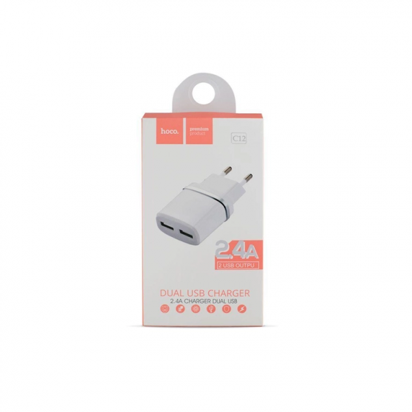 Мережевий зарядний пристрій HOCO C12 Smart dual USB charger 12W White (6957531047759)