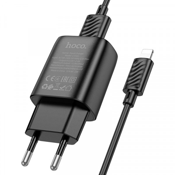 Мережевий зарядний пристрій HOCO C134A Solid single-port charger set (iP) (EU) Black