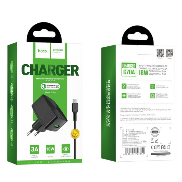 Мережевий зарядний пристрій HOCO C70A Cutting-edge single port QC3.0 charger set(Type-C) 18W Black