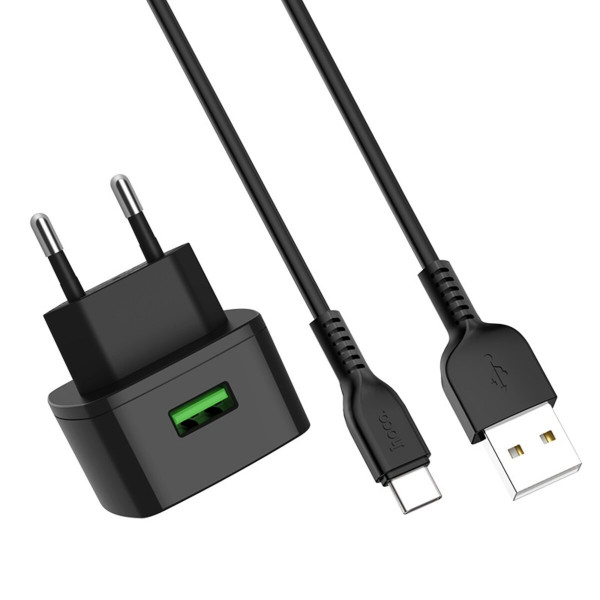 Мережевий зарядний пристрій HOCO C70A Cutting-edge single port QC3.0 charger set(Type-C) 18W Black
