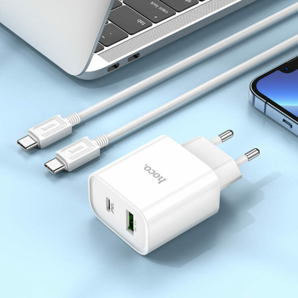 Мережевий зарядний пристрій HOCO C80A Plus Rapido PD20W+QC3.0 charger set(Type-C to Type-C) Білий