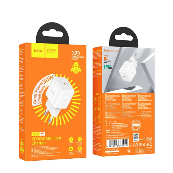 Мережевий зарядний пристрій HOCO N32 Glory PD30W single port charger (EU) White
