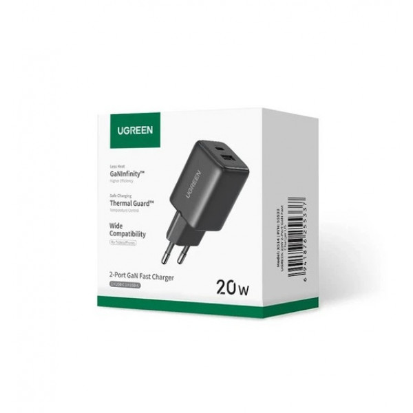 Мережевий зарядний пристрій UGREEN X514 20W 2-Port GaN Fast Charger EU black (UGR-65737)