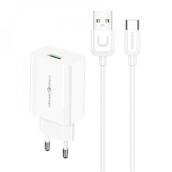 Мережевий зарядний пристрій Usams T48 Travel Charger Kit 18W (T22 Single USB QC3.0 Charger EU+Uturn Type-C Cable 1M) White
