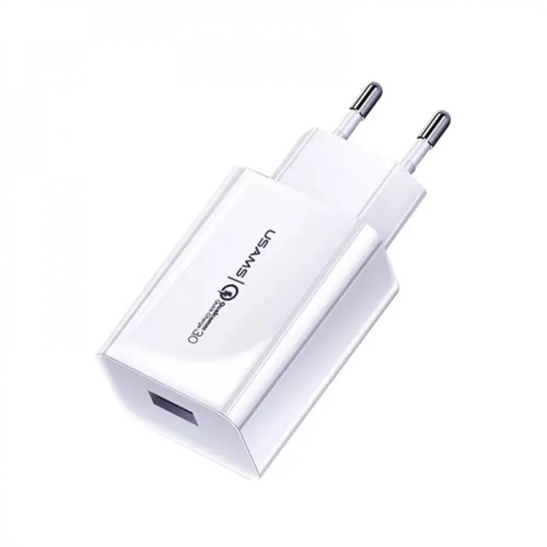 Мережевий зарядний пристрій Usams T48 Travel Charger Kit 18W (T22 Single USB QC3.0 Charger EU+Uturn Type-C Cable 1M) White