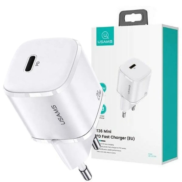 Мережевий зарядний пристрій Usams US-CC124 T36 20W Super Si PD Fast Charger(EU) White