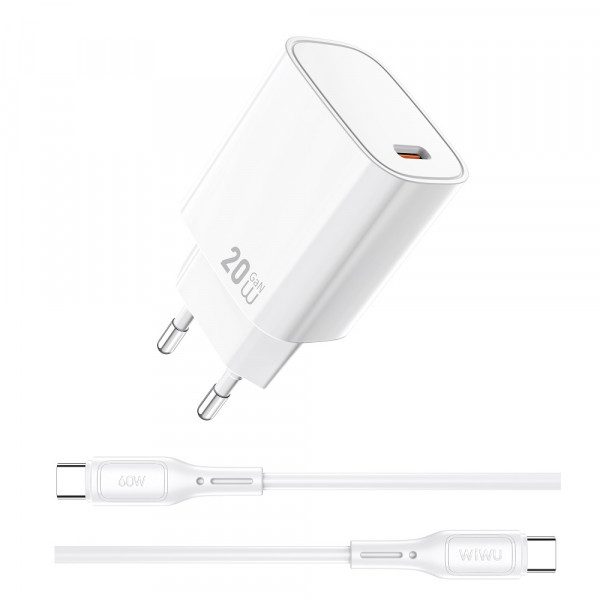 Мережевий зарядний пристрій WIWU 20W Essen GaN Fast Charger+ Cable Combo Wi-G007 C-C EU White (6977703653878)