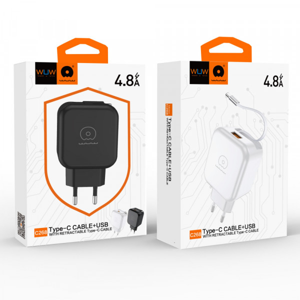 Мережевий зарядний пристрій WUW-C268 12W fast charger USB A +retractable 70cm type c Cable (6978749570044)