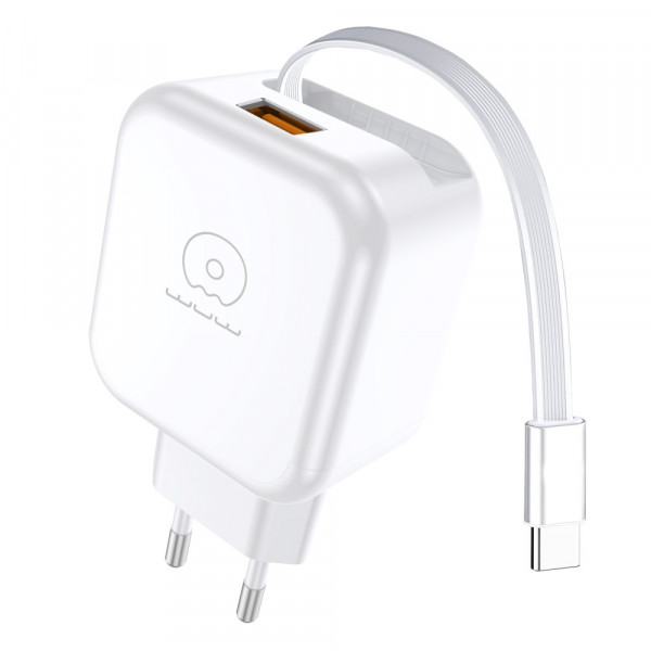 Мережевий зарядний пристрій WUW-C268 12W fast charger USB A +retractable 70cm type c Cable (6978749570044)